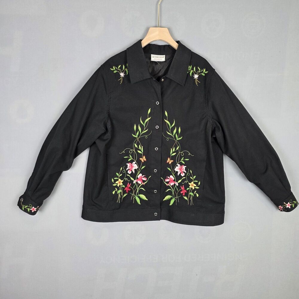 Vintage Shacket Shirt Jacket XL Embroidered Floral Black Cottagecore Grandmacore
